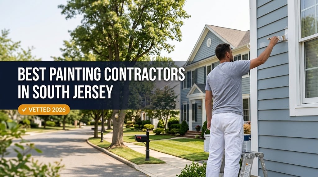 Painter brush-painting white exterior trim on a colonial home in Cherry Hill NJ — Best Painting Contractors in South Jersey.