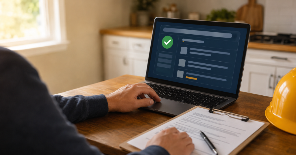 Homeowner verifying a New Jersey contractor's 13VH registration on a laptop before signing a home improvement contract