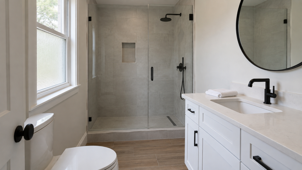 Remodeled hall bathroom with tiled walk-in shower and white vanity in a South Jersey home