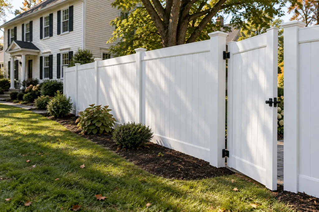 White vinyl privacy fence and gate installed along a South Jersey home