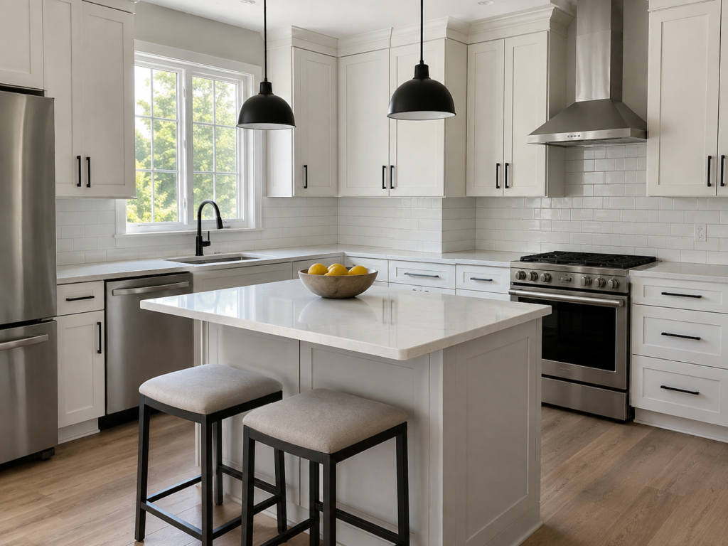 Remodeled kitchen with white shaker cabinets and quartz island in a South Jersey home